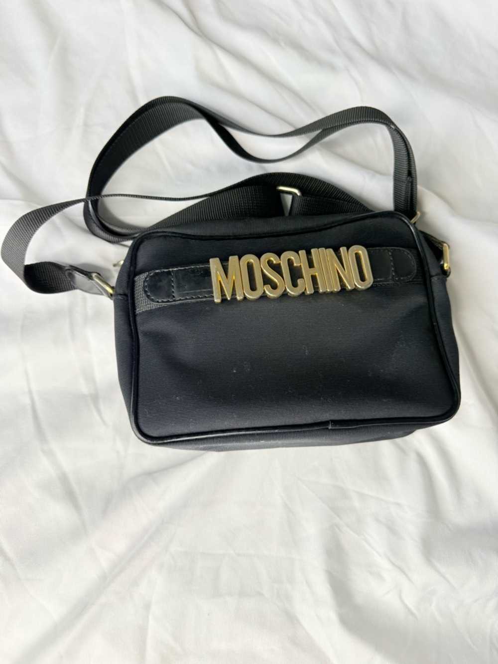 MOSCHINO Nylon Canvas Waist Pouch Shoulder Bag Black Gold Logo Used From Japan